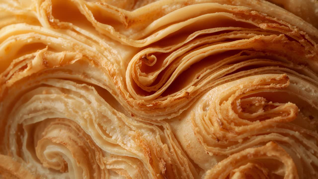 Capture de la mise au point changeante de la caméra, pâtisserie laminée montrant les couches en spirale et les miettes, mettant en évidence la texture