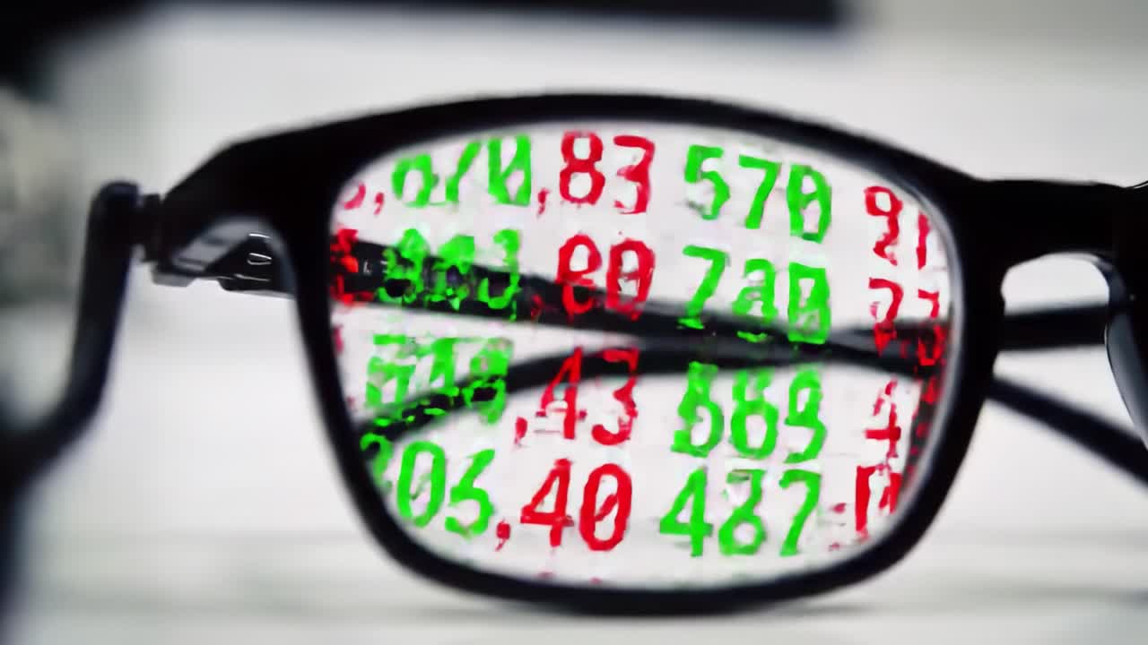 Analyzing Stock Market Data Through Spectacles: A Close-Up View of Financial Figures Reflected in Glasses, Highlighting Market Trends and Numbers