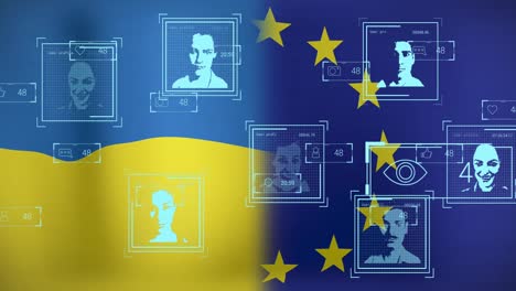 animación de perfiles de personas y múltiples iconos de computadora sobre las banderas de ucrania y la unión europea