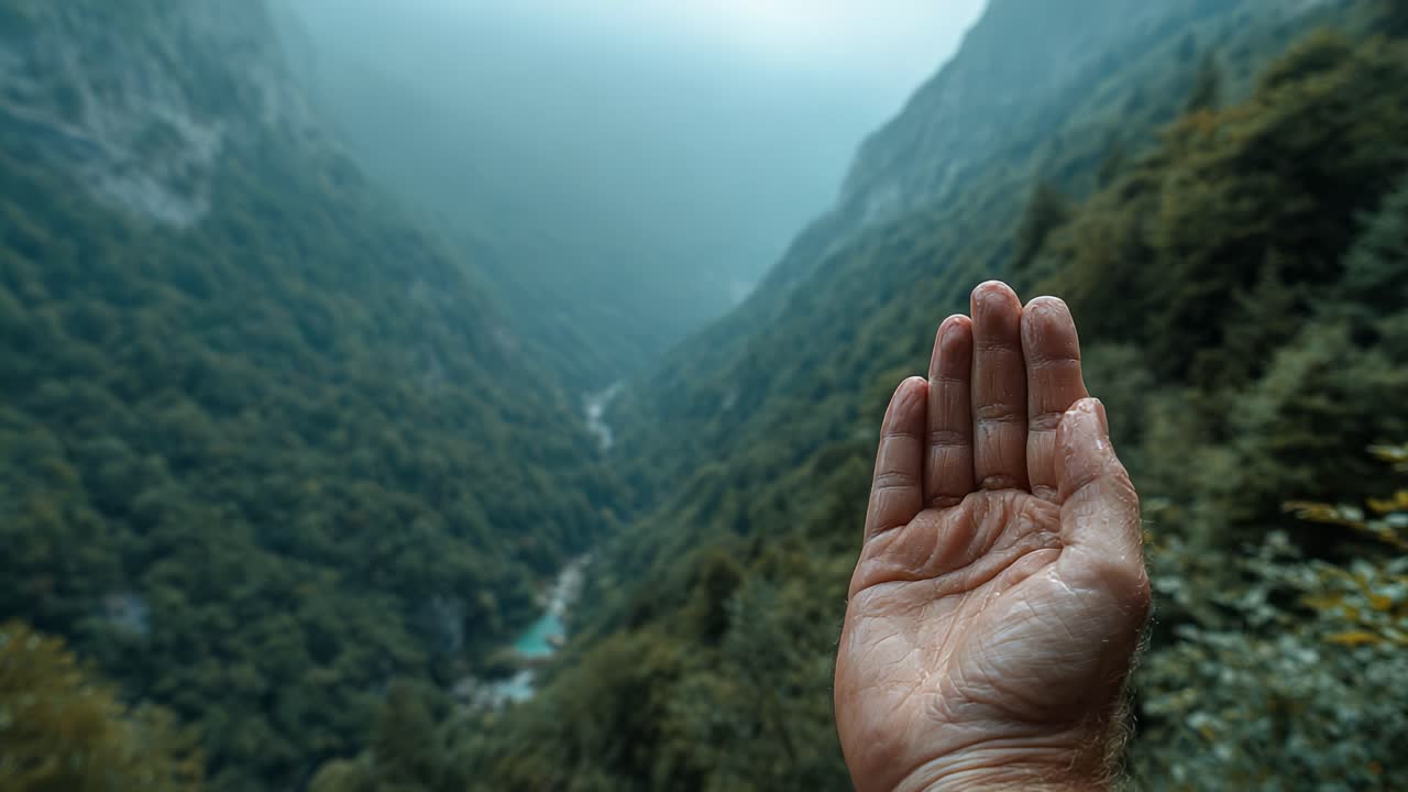 An Open Hand Extended Towards a Vast Valley Surrounded by Lush Greenery and Rolling Hills Under a Misty Sky, Symbolizing Connection with Nature