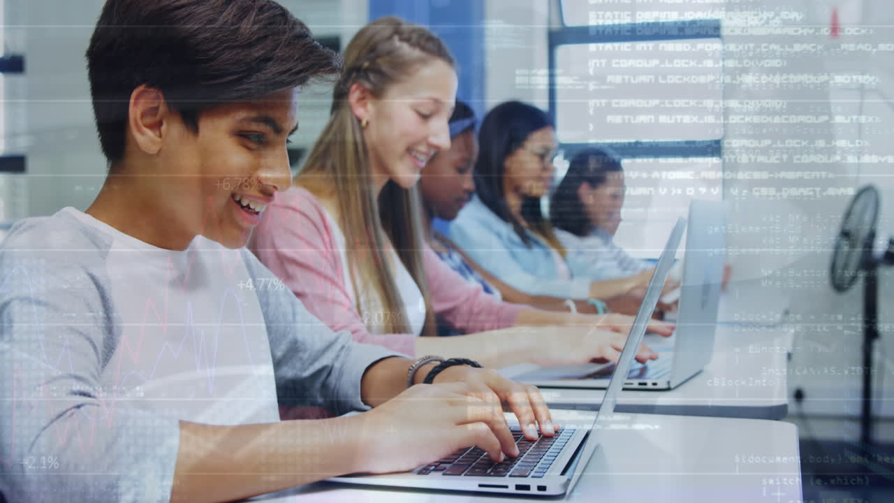 Animation of data processing against group of diverse students using laptop at school