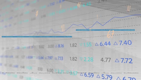 Animation-of-numbers-floating-and-stock-market-data-processing-over-low-angle-view-of-tall-building