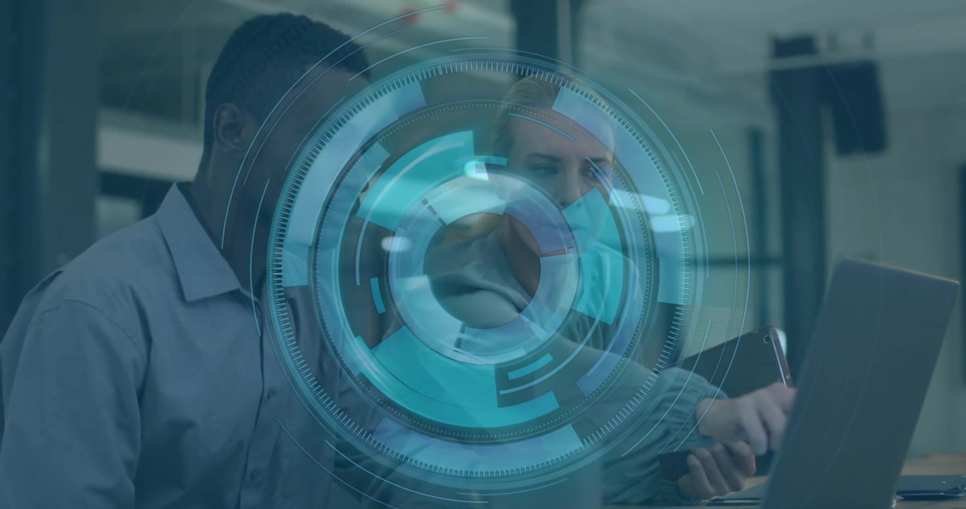 Animation of scope scanning over diverse business people in office