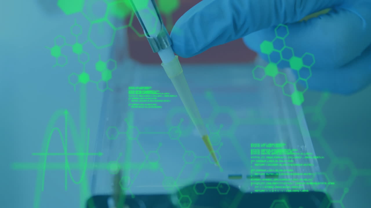 datos científicos y animación de estructuras moleculares sobre la mano con guante utilizando pipeta