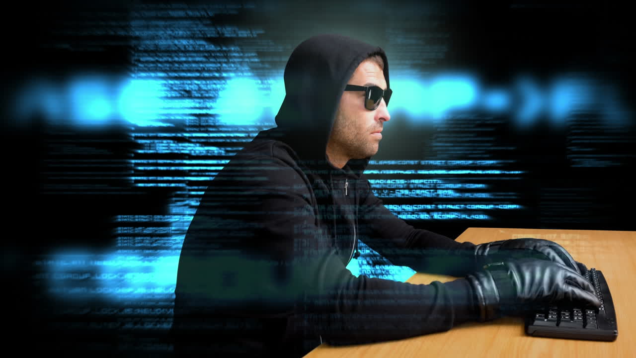 Digital animation of hacker hacking software 4k