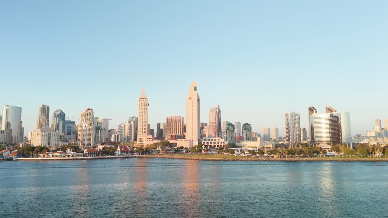 San Diego Skyline Downtown View From The Ocean In California, USA - Drone Shot
