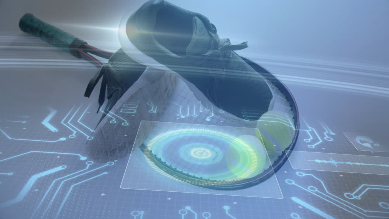 Modern tennis racket holding tennis ball over circuit-board in 3D, holographic targets projecting