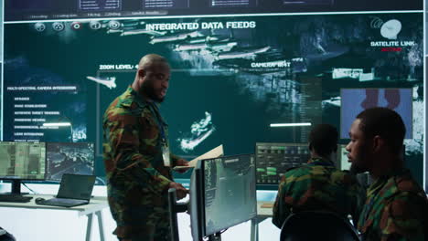 military staff work in a high tech monitoring room command post