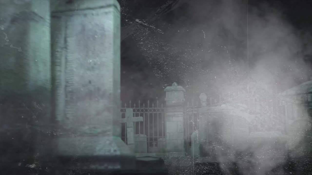 밤에 묘지 위의 고장과 연기의 애니메이션