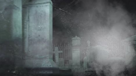 Animation-of-glitch-and-smoke-over-cemetery-at-night