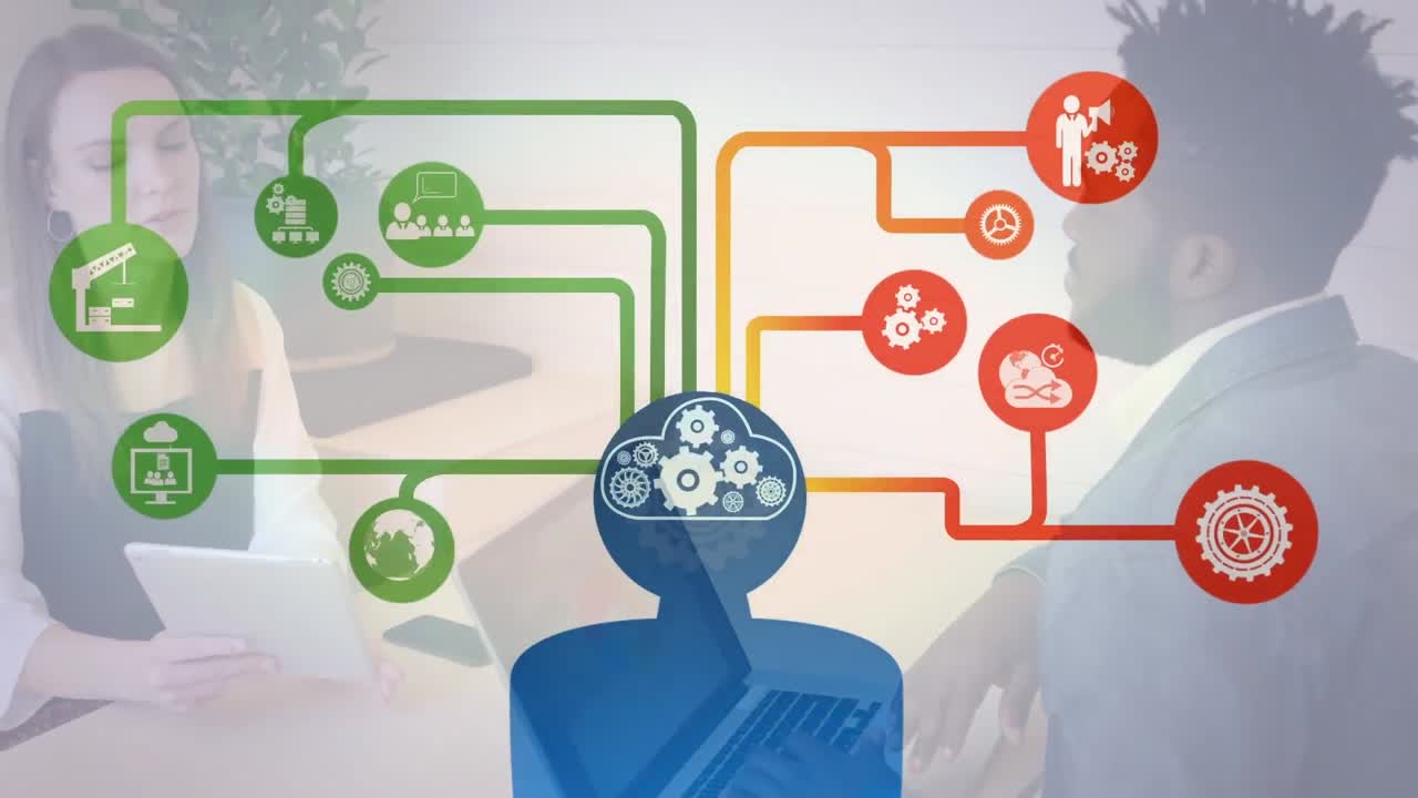 animación de iconos de los medios sobre diversas personas de negocios en la oficina