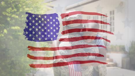 Animation-of-flag-of-usa-waving-over-african-american-soldier-and-his-son