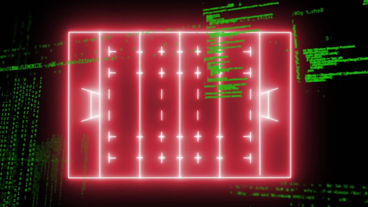 Animation of data processing over neon rugby field