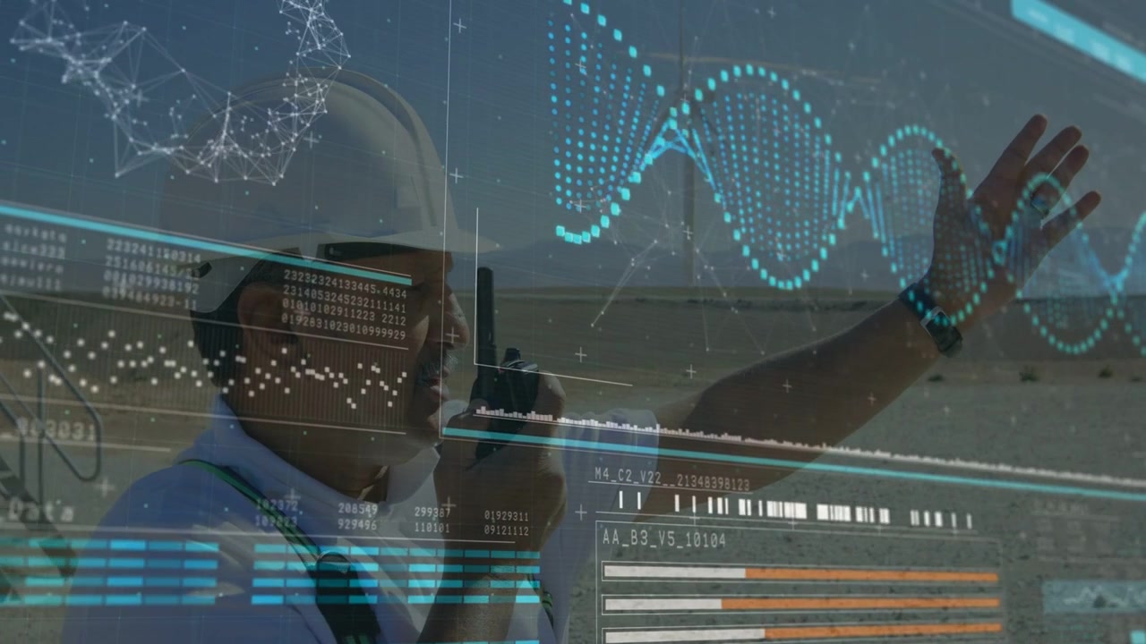 Flat design worker is standing on coastal platform with radio and pointing with data overlay