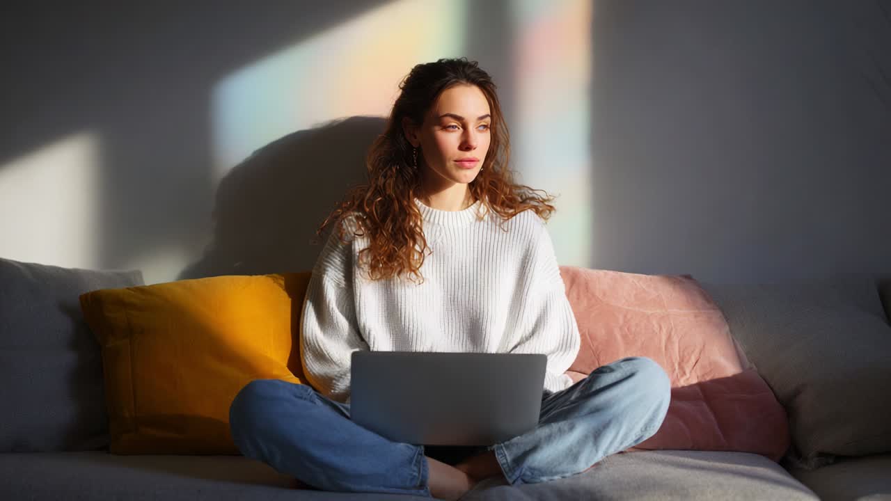 A Cozy Indoor Scene Featuring a Young Woman Engaged in Laptop Work, Sitting Comfortably on a Couch Surrounded by Soft Pillows, Bathed in Gentle Natural Light from a Nearby Window