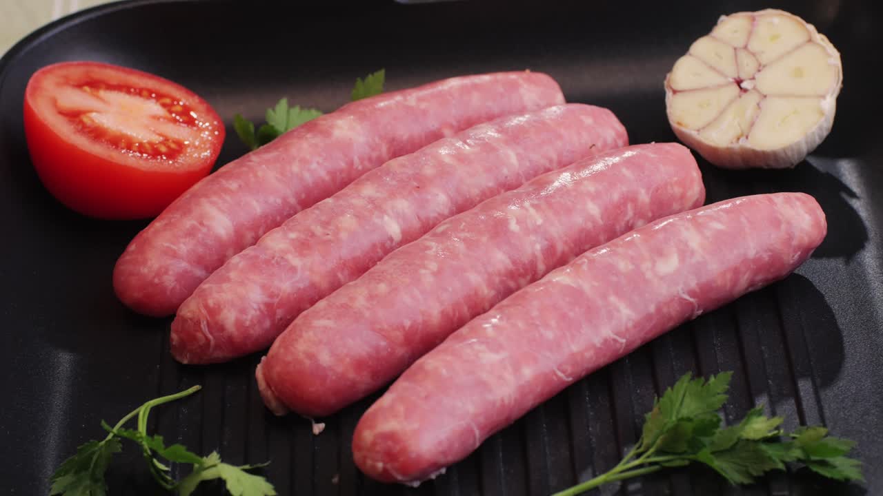 Fried meat sausage on a back grill close-up.Cooking corn dogs in boiling pan. Traditional asian corndog snacks street food. Korean Chinese street local market with traditional food. American fast food hot dogs with sauce on the top.