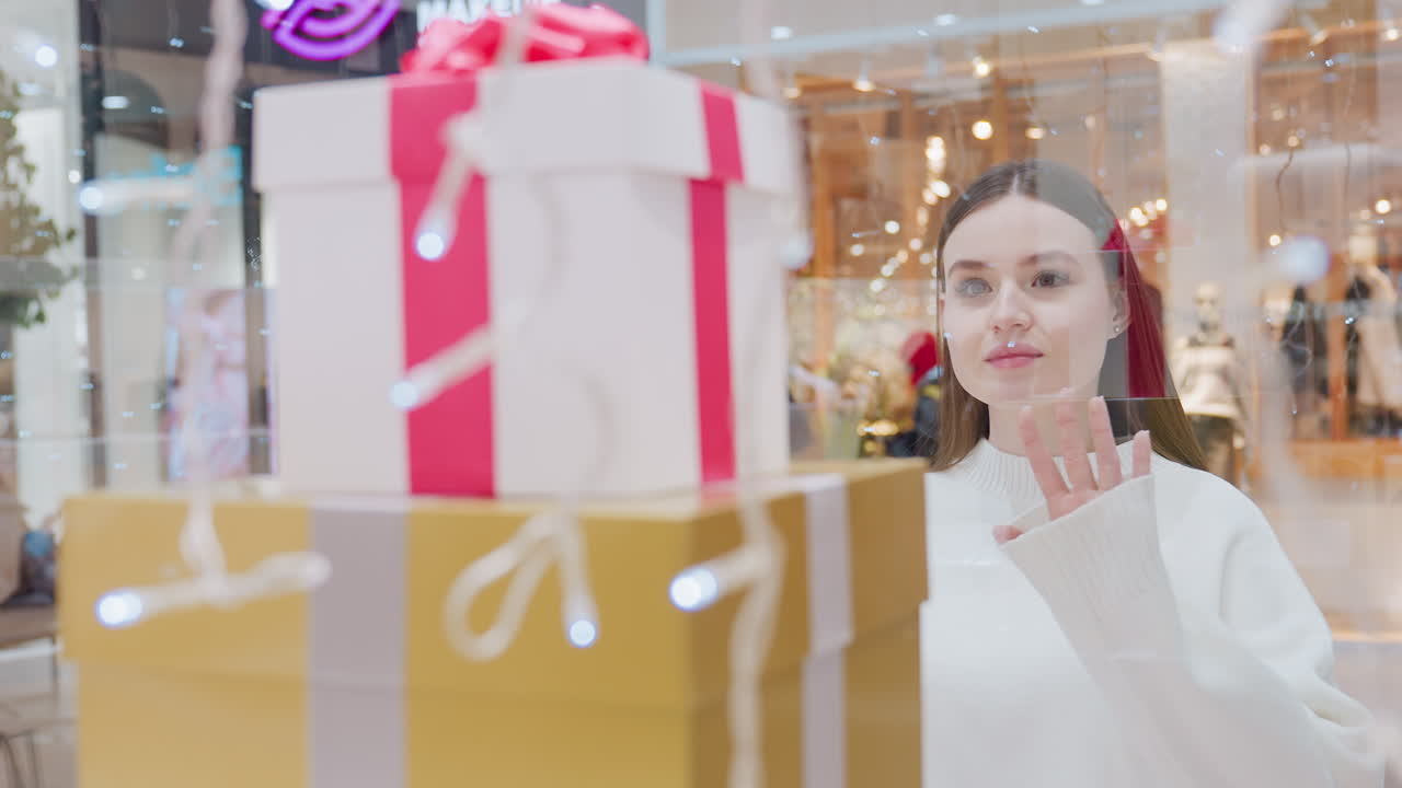 Lady admiring beautifully wrapped gift box through glass in retail store with busy mall backdrop, showcasing holiday spirit and shopping excitement during festive season