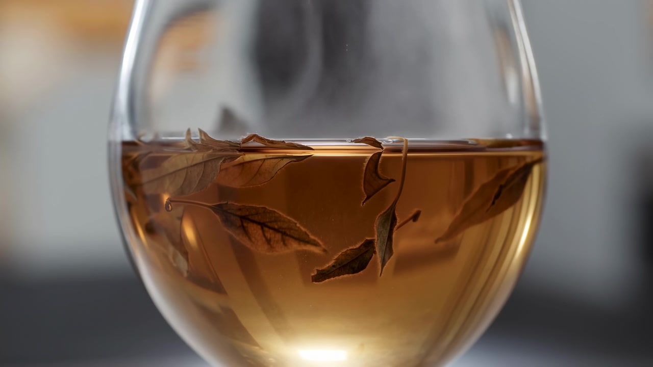 Foglie di tè essiccate affondano lentamente e si ridispongono sotto una superficie curva mentre un vapore leggero si innalza sopra un'infusione ambrata calda in un bicchiere trasparente arrotondato, creando una scena tranquilla di preparazione del tè.