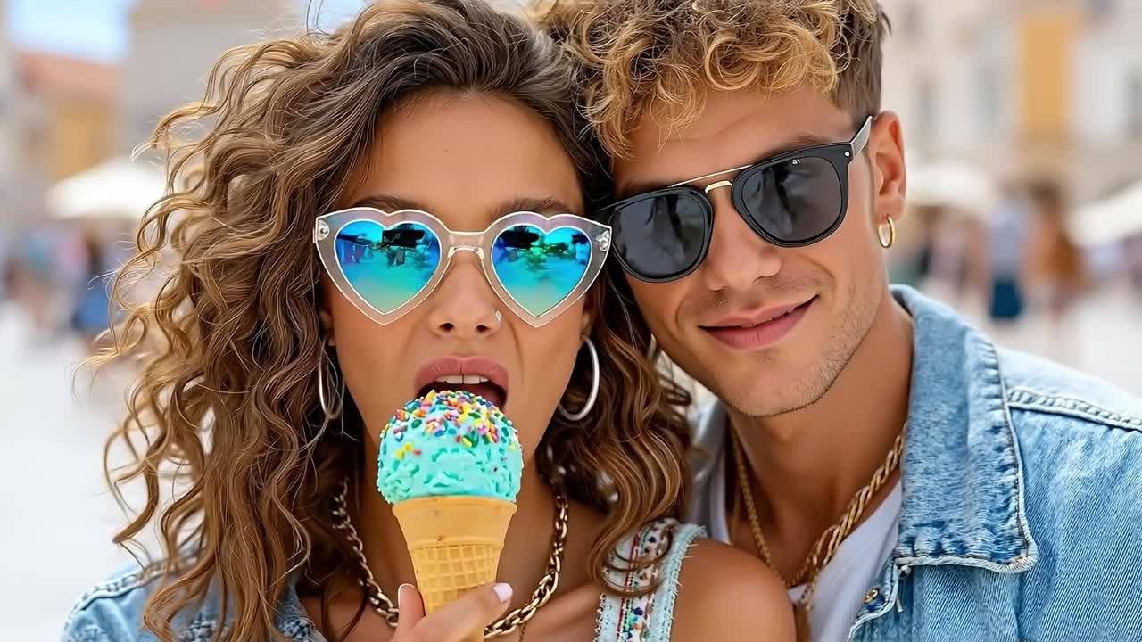 A man and a woman wearing heart shaped sunglasses eating an ice cream cone
