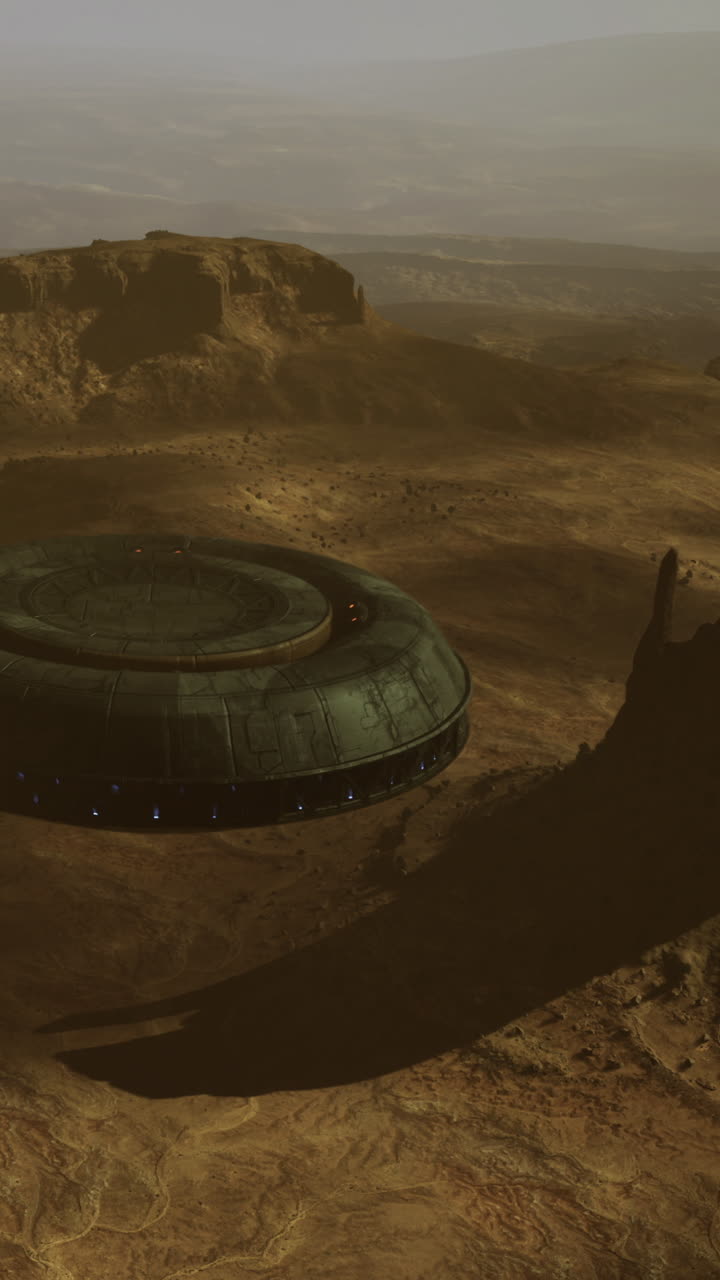 Ufo landing in a desert landscape with mountains and shadows at sunset