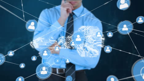 animación de la red de conexiones con iconos, llave digital y hombre de negocios