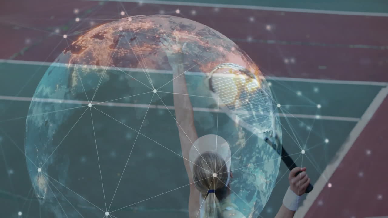 female tennis player holding racket, preparing serve on court, blending digital globe technology