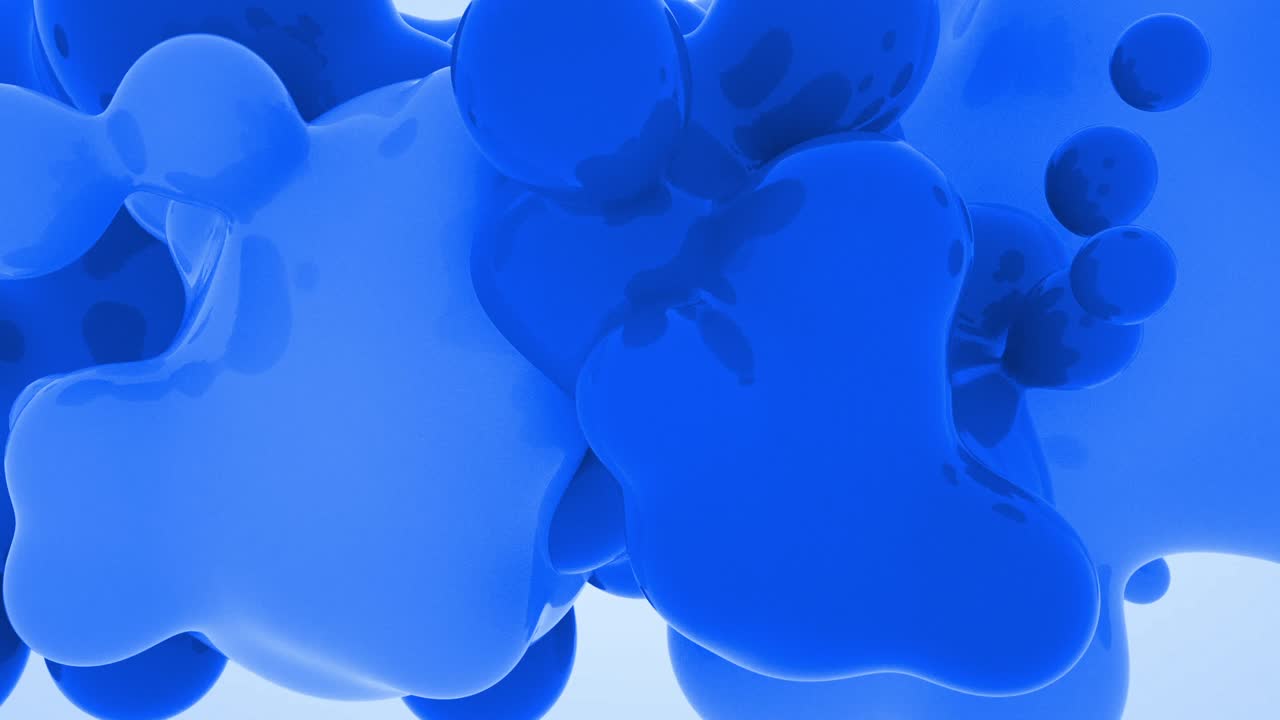 Monochromatic blue abstract animation of glossy blobs merging and evolving on light background, fluid motion
