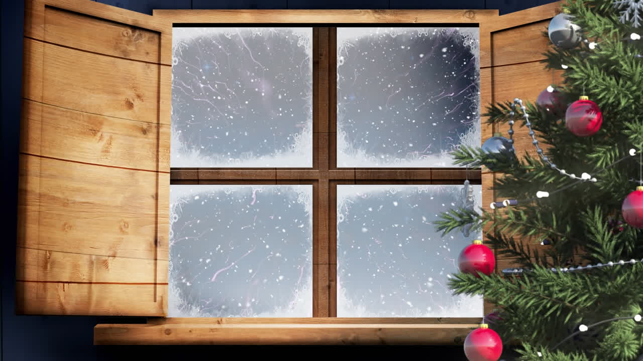 Christmas tree and wooden window frame against snow falling over winter landscape
