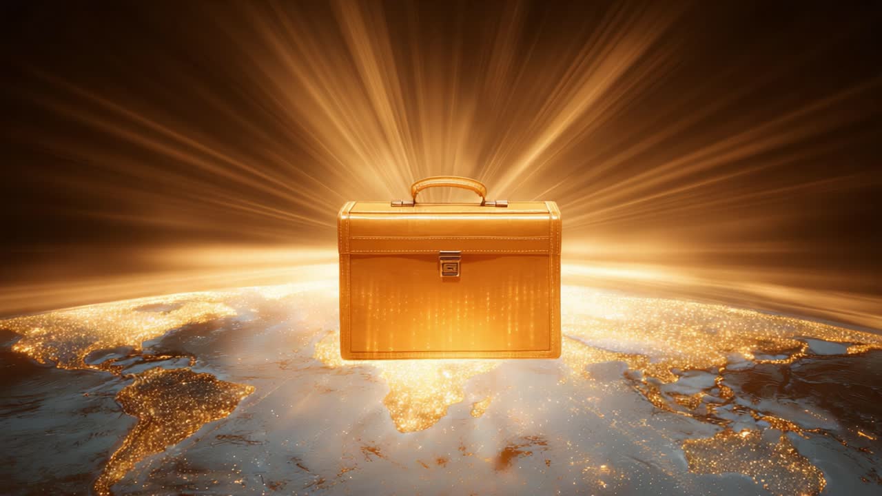 Golden light rays shining from behind a briefcase floating in space above the planet Earth at night, symbolizing global business, international finance, and successful worldwide enterprise