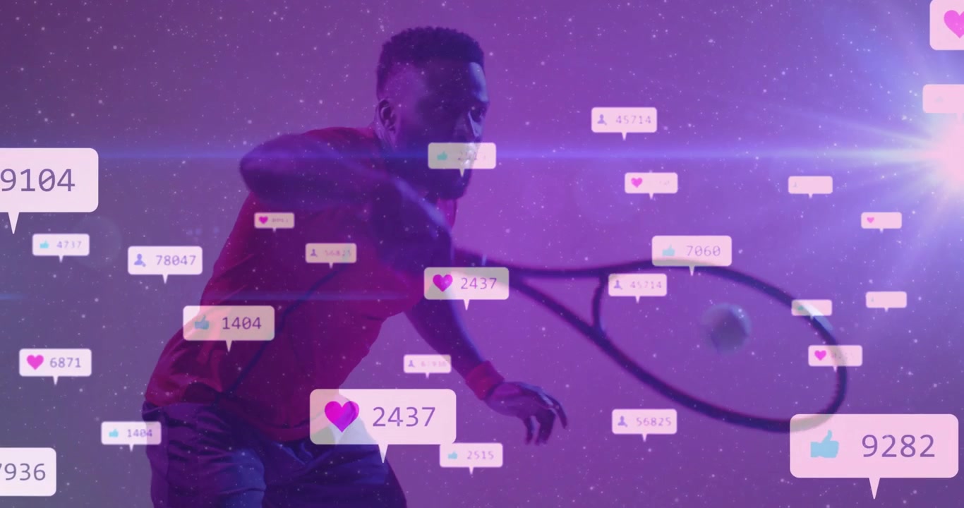 Tennis player tracking ball and swinging racket driving rising social media engagement icons