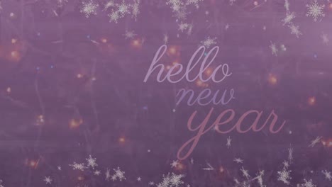 animación de copos de nieve sobre un banner de texto de año nuevo contra manchas de luz sobre fondo azul