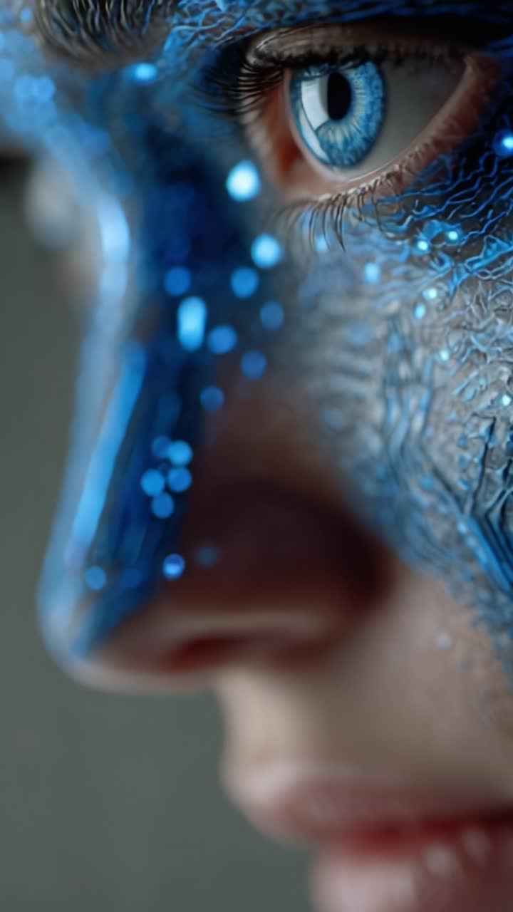 Primo piano futuristico di un volto blu e argento dal design unico con sorprendenti occhi blu, caratterizzato da un intricato pattern текстуrato ed elementi lucidi che enfatizzano l'innovazione artistica