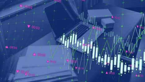 Animación-Del-Procesamiento-De-Datos-Estadísticos-Contra-Teléfonos-Inteligentes,-Corbata-Y-Papel-En-El-Escritorio-De-Oficina