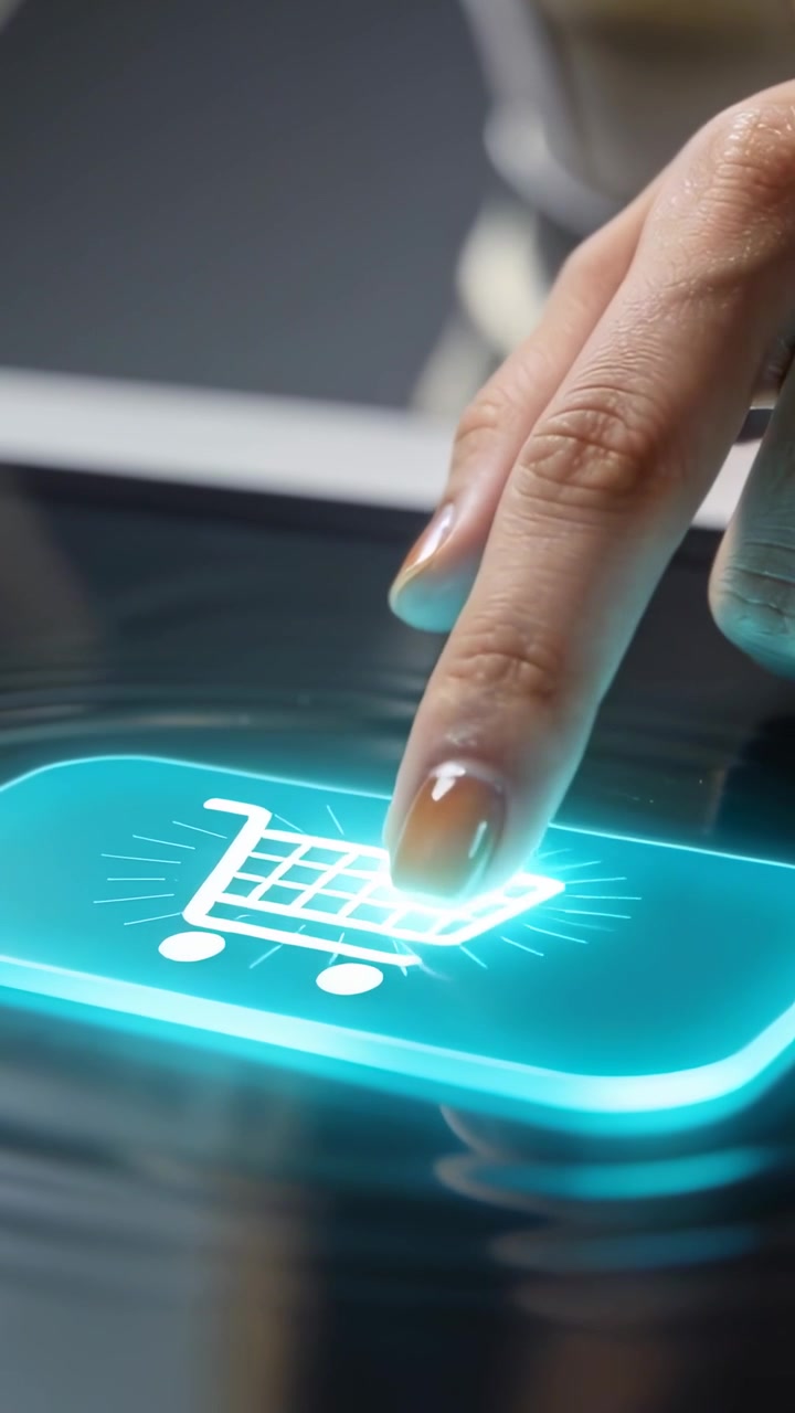 Vertical video: Pressing orange nail activating cyan cart icon on glossy tablet, adding to cart