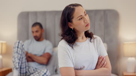 woman, thinking or frustrated couple on bed