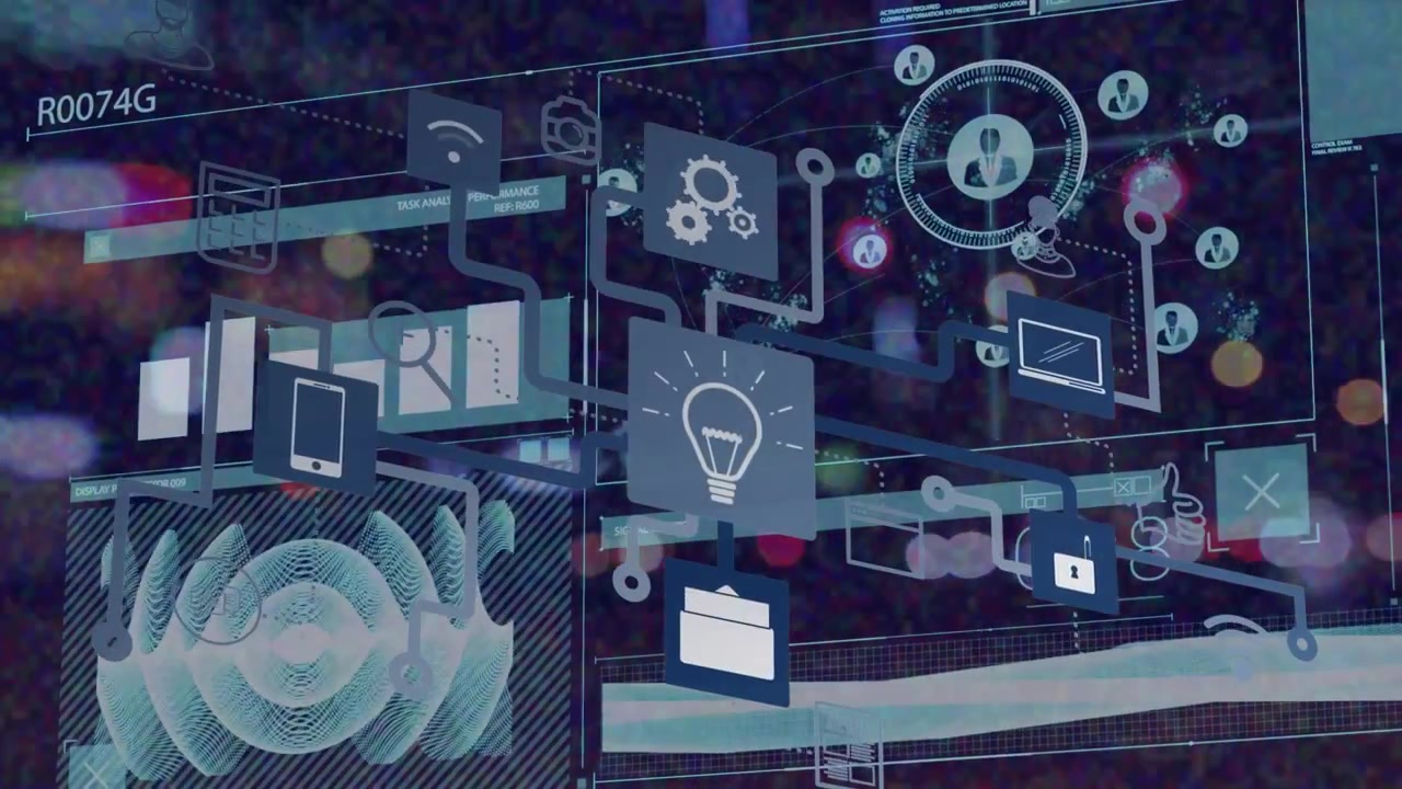 Animation of data processing and media icons over cityscape