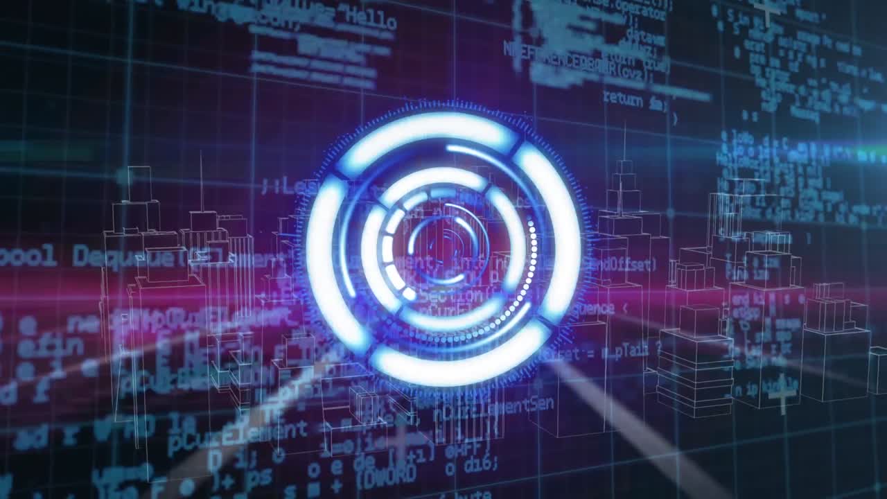 animación del círculo de procesamiento sobre diversos datos y la ciudad del metaverso sobre fondo negro y rosa