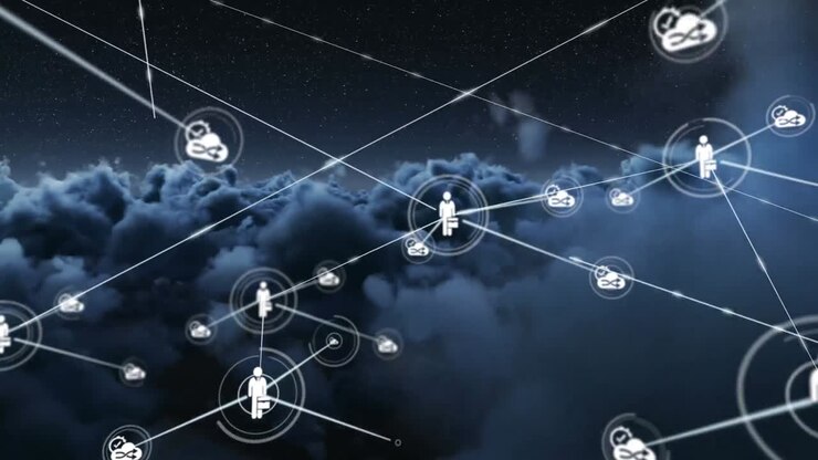 Animation of network of connections with icons over clouds