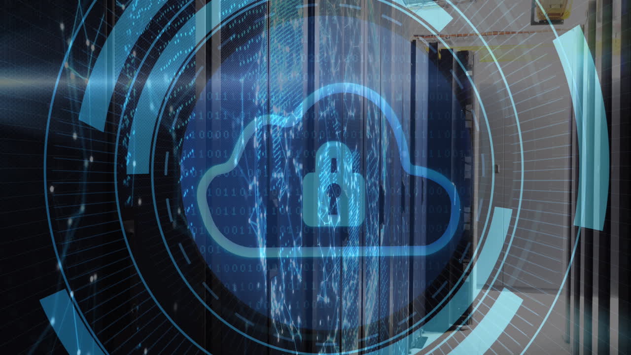 Animation of security padlock and cloud icon on round scanner against computer server room