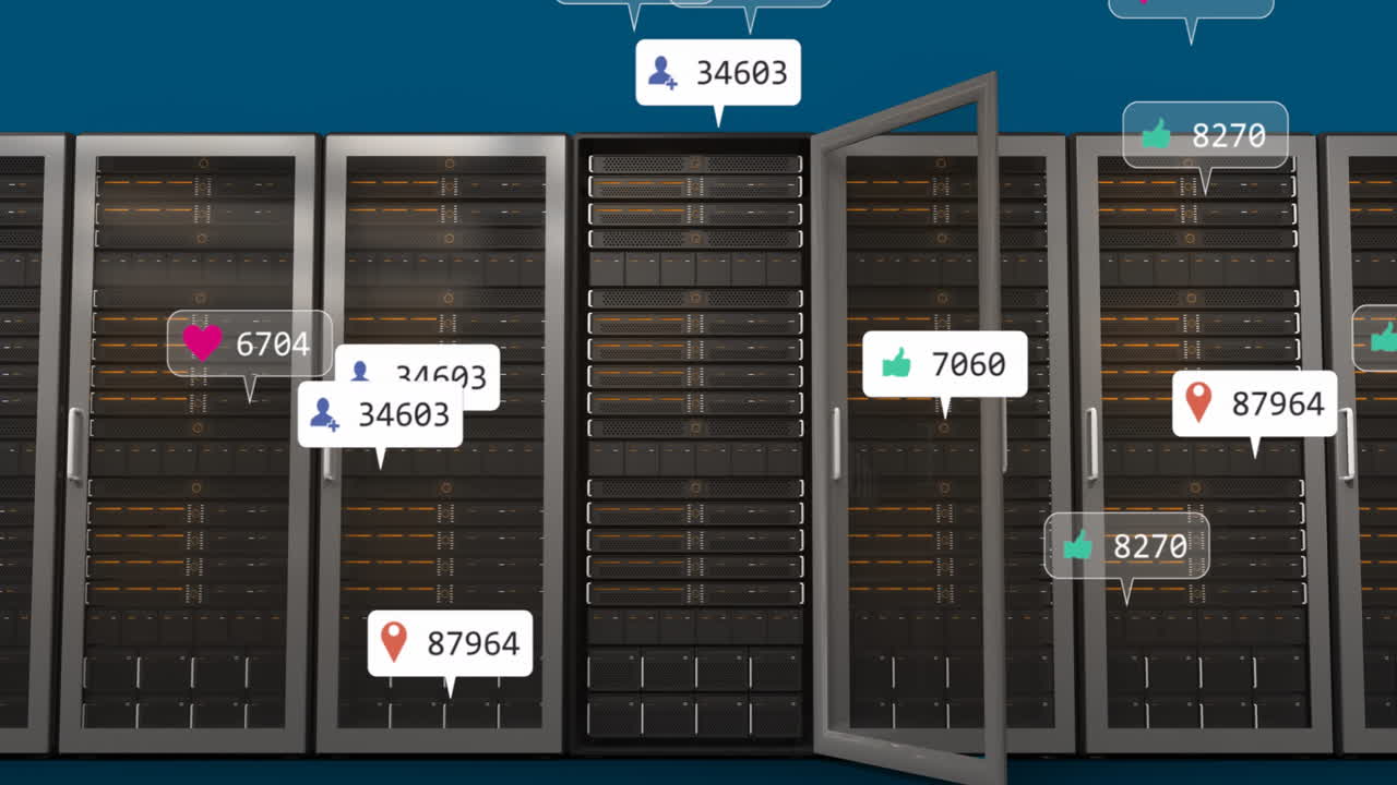 Animation of multiple falling white social media icons over servers in row on blue background