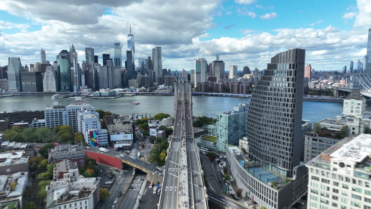A View Of The Brooklyn Bridge Connecting The Boroughs Of Manhattan And Brooklyn In New York City, United States. Aerial Hyperlapse Shot