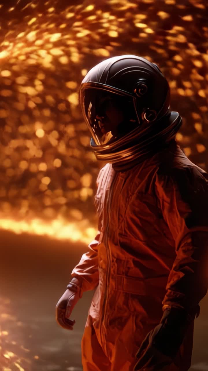 En ensom astronaut står midt i et blændende skue af gnister og flammende belysning, der legemliggør både udforskning og den ærefrygtindgydende skønhed i rummiljøer