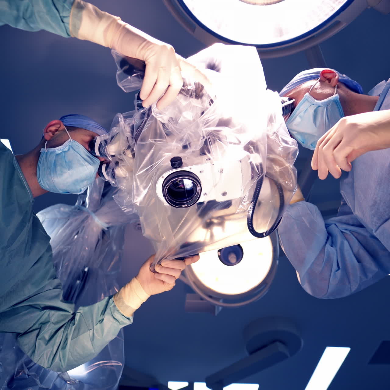 surgeon team in uniform in front of eye vision surgery operation room at modern medical clinic. Vision correction with microscope.