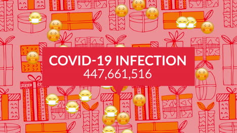 animation of covid text over gifts pattern and sick emoji on pink background