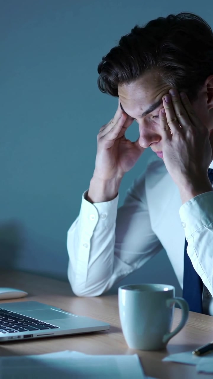 Video verticale: Uomo in camicia bianca e cravatta chinato in avanti che si preme le tempie davanti al laptop a tarda ora.