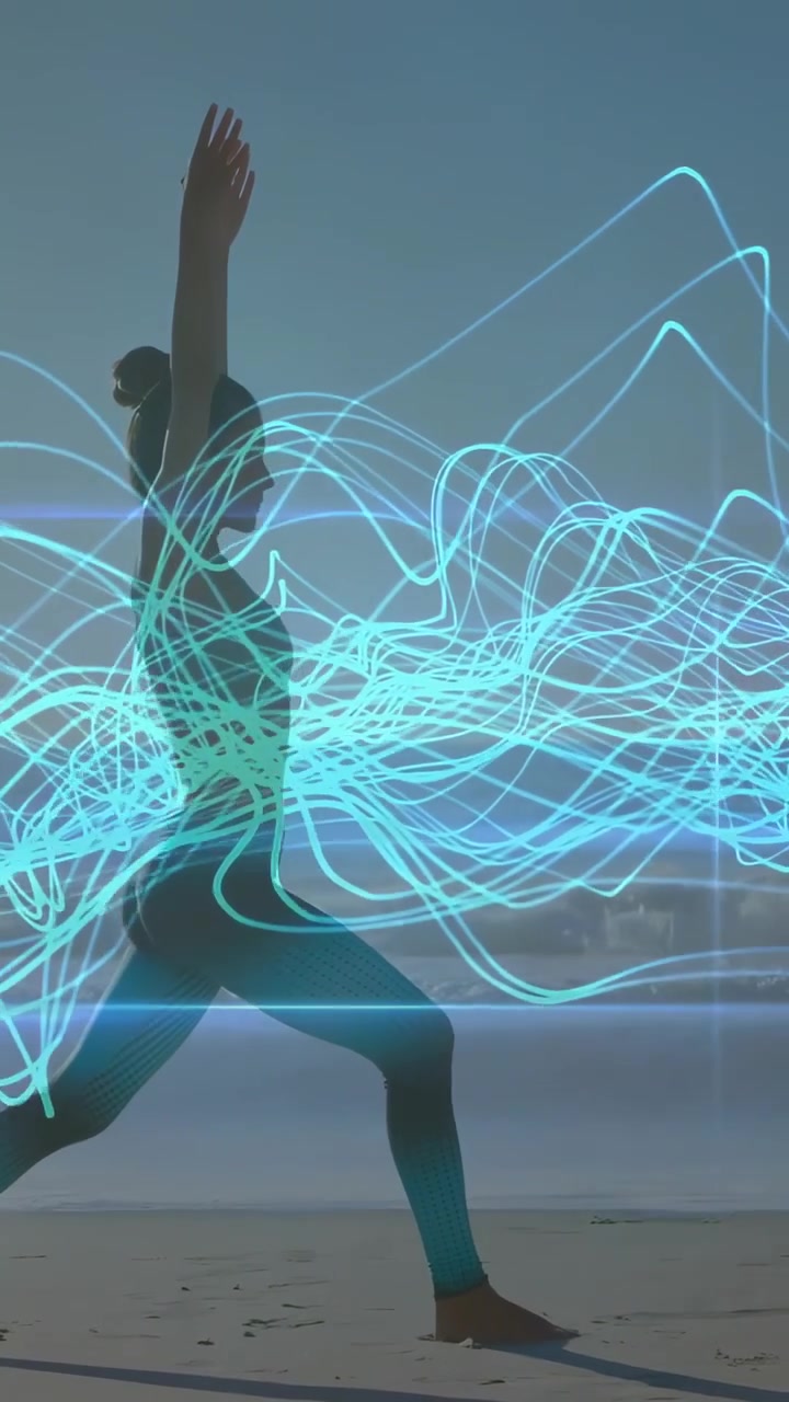 Vertical video: Woman stepping into lunge on beach, cyan waves tracing torso, intensifying fitness
