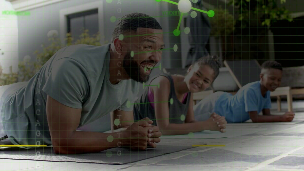Man turning toward girl, family planking during workout and smiling, fitness HUD overlaying mats