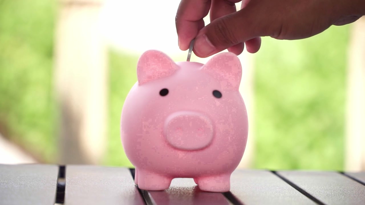 Hand of Person saving coins in piggy bank, economic growth and household budgeting concept.