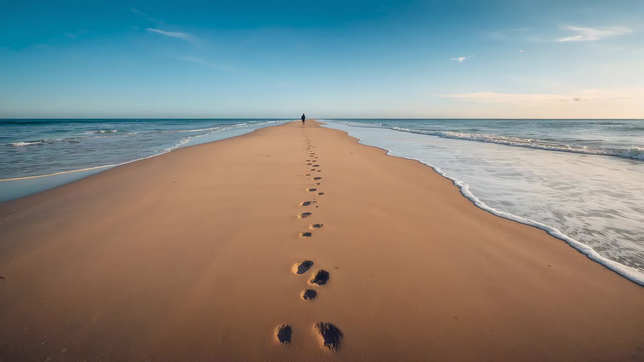 Walking solitary person wearing dark coat continuing along sandbar at low tide, leaving footprints