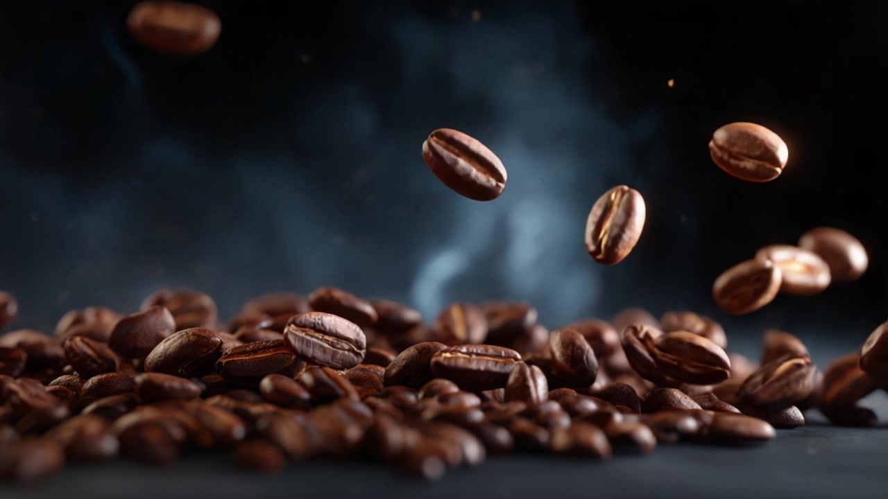 Fascinerende kaffebønner i bevægelse: En imponerende fremvisning af kaffeelementer, der svæver midt i æterisk røg på en mørk baggrund